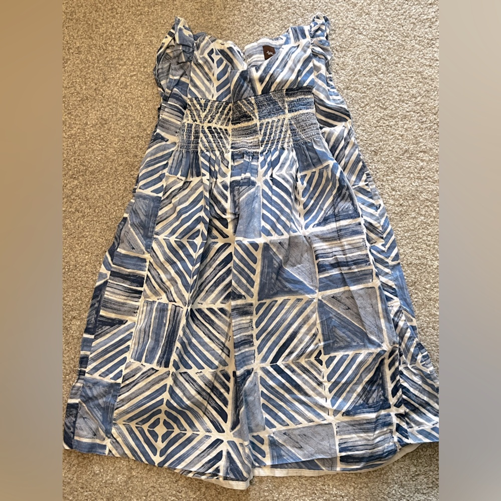 Tea Collection Girls Dress Size 7 - Blue and White Dress - Geometric Print